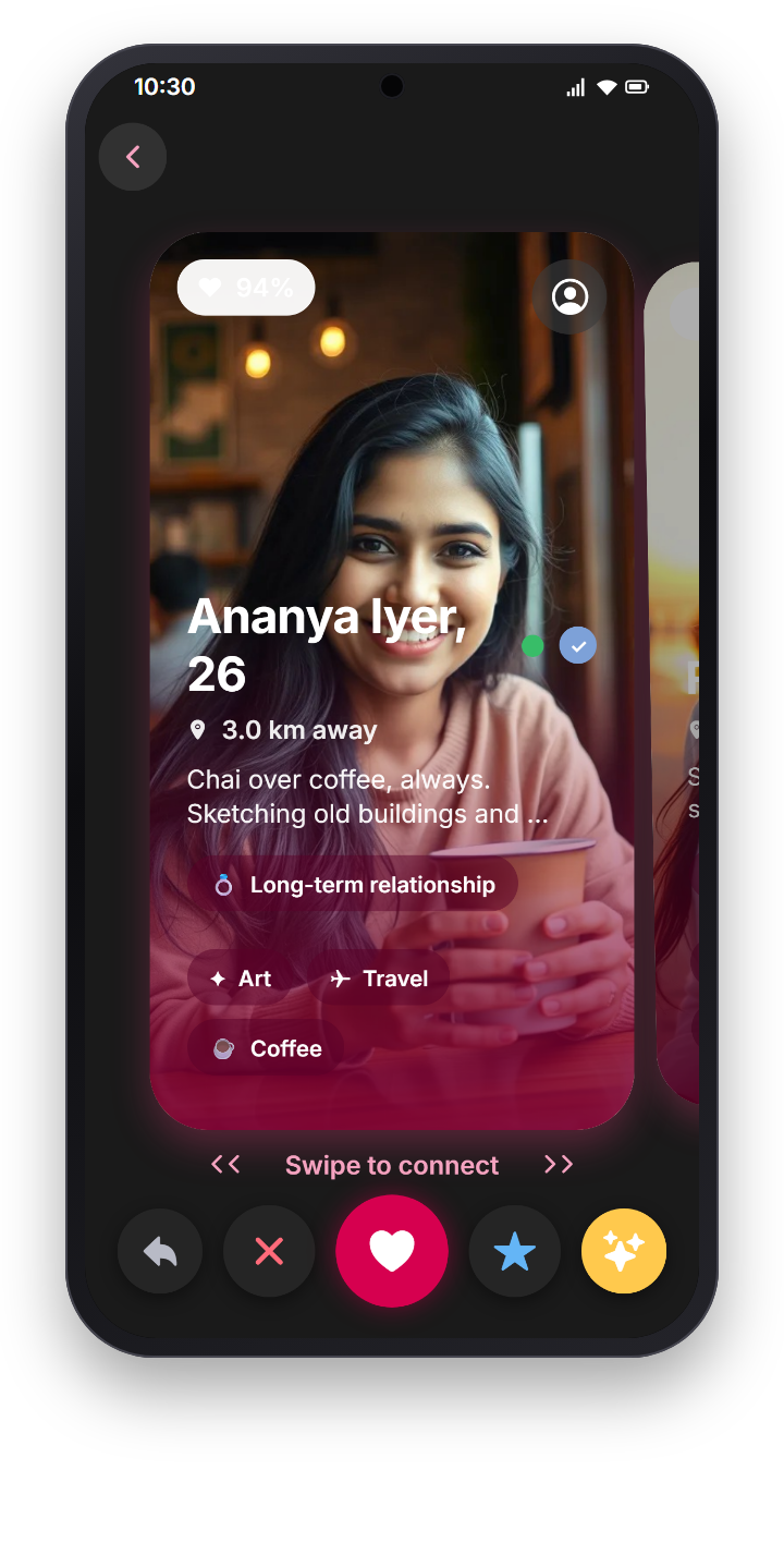 Swipe screen showing a profile card